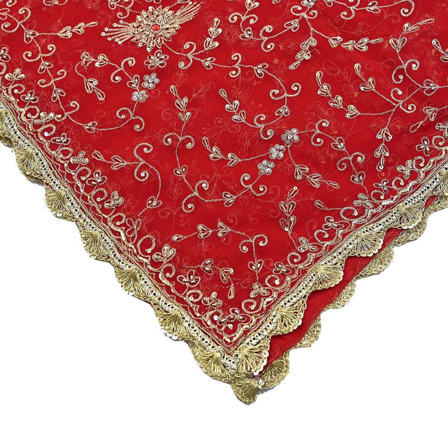 Indian Vintage Heavy Bridal Tomato Red Dupatta Pure Georgette Silk Long Stole Hand Embroidered Scarf Zardozi/Dabka Wedding red Hijab veil