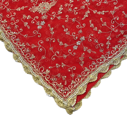 Indian Vintage Heavy Bridal Tomato Red Dupatta Pure Georgette Silk Long Stole Hand Embroidered Scarf Zardozi/Dabka Wedding red Hijab veil