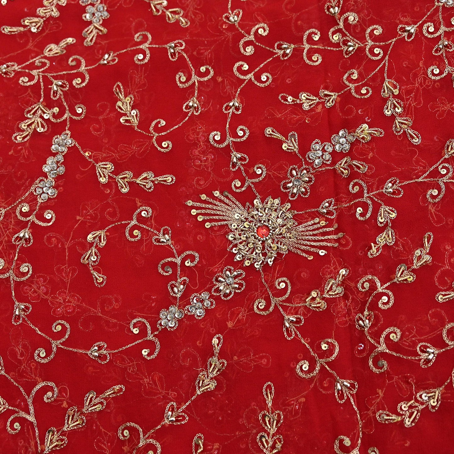 Indian Vintage Heavy Bridal Tomato Red Dupatta Pure Georgette Silk Long Stole Hand Embroidered Scarf Zardozi/Dabka Wedding red Hijab veil