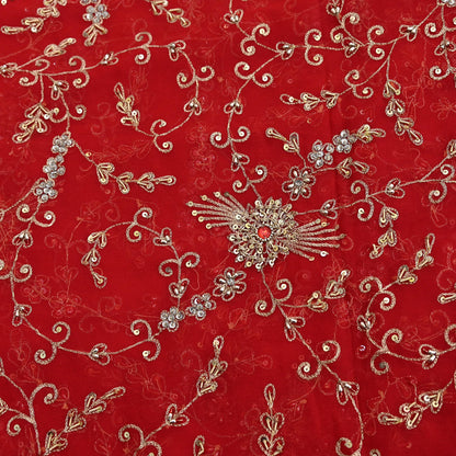 Indian Vintage Heavy Bridal Tomato Red Dupatta Pure Georgette Silk Long Stole Hand Embroidered Scarf Zardozi/Dabka Wedding red Hijab veil