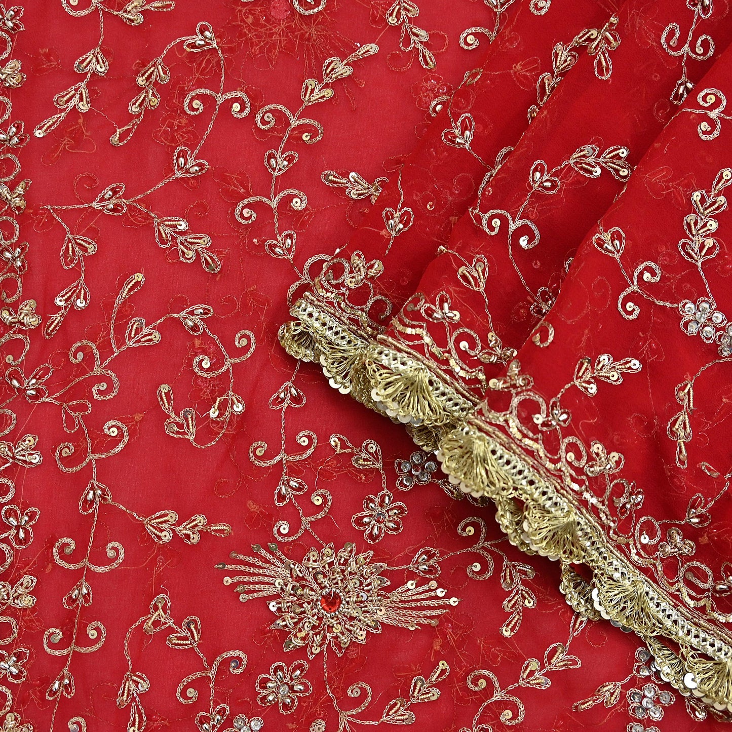 Indian Vintage Heavy Bridal Tomato Red Dupatta Pure Georgette Silk Long Stole Hand Embroidered Scarf Zardozi/Dabka Wedding red Hijab veil