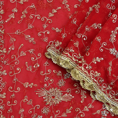 Indian Vintage Heavy Bridal Tomato Red Dupatta Pure Georgette Silk Long Stole Hand Embroidered Scarf Zardozi/Dabka Wedding red Hijab veil