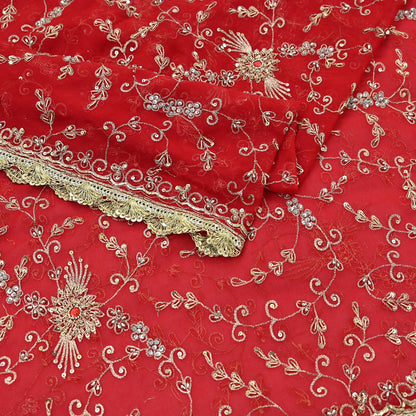 Indian Vintage Heavy Bridal Tomato Red Dupatta Pure Georgette Silk Long Stole Hand Embroidered Scarf Zardozi/Dabka Wedding red Hijab veil