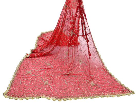 Indian Vintage Heavy Bridal Tomato Red Dupatta Pure Georgette Silk Long Stole Hand Embroidered Scarf Zardozi/Dabka Wedding red Hijab veil