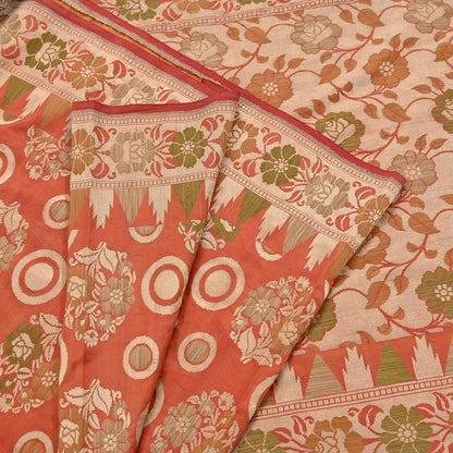 Indian Vintage Sari Orange 100% Pure Silk Hand Woven Sarees Craft Fabric 5Yd Ethnic Sewing Dress making Crafting Quilting