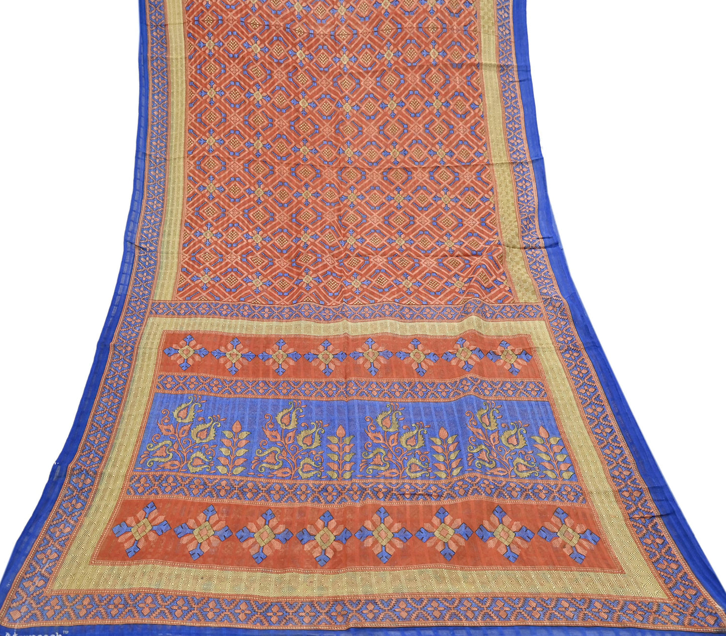 Indian Vintage Sari Orange Pure Cotton Printed Sarees Craft Fabric Soft 5Yd Sarong Wrap Boho Fabric Kimono Quilting Crafting Upcycle