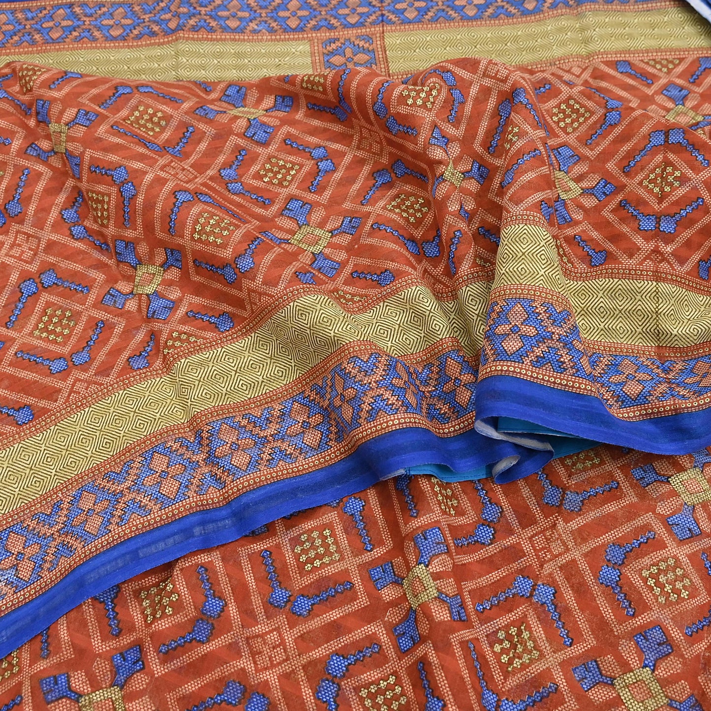 Indian Vintage Sari Orange Pure Cotton Printed Sarees Craft Fabric Soft 5Yd Sarong Wrap Boho Fabric Kimono Quilting Crafting Upcycle