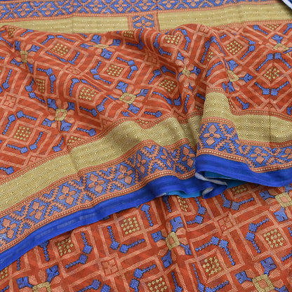 Indian Vintage Sari Orange Pure Cotton Printed Sarees Craft Fabric Soft 5Yd Sarong Wrap Boho Fabric Kimono Quilting Crafting Upcycle