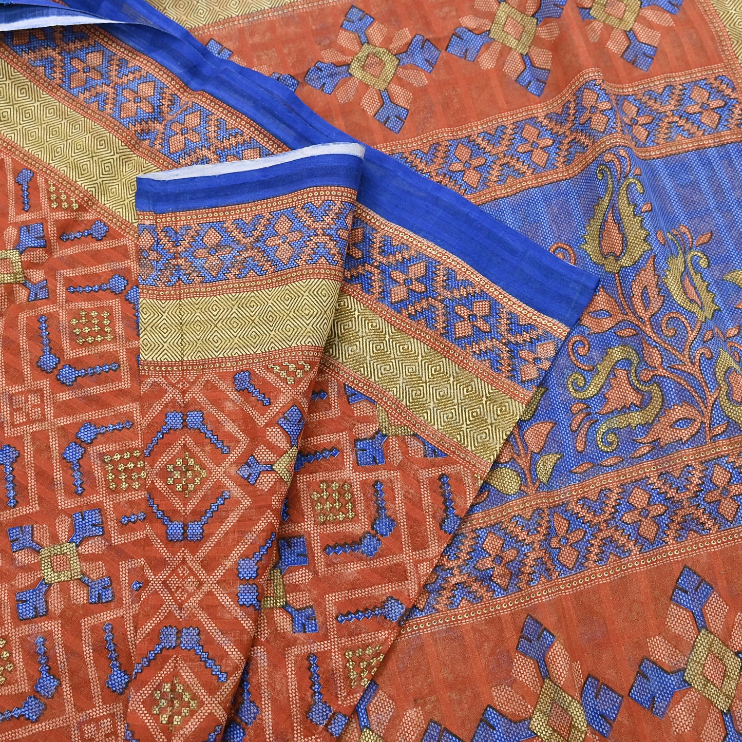 Indian Vintage Sari Orange Pure Cotton Printed Sarees Craft Fabric Soft 5Yd Sarong Wrap Boho Fabric Kimono Quilting Crafting Upcycle