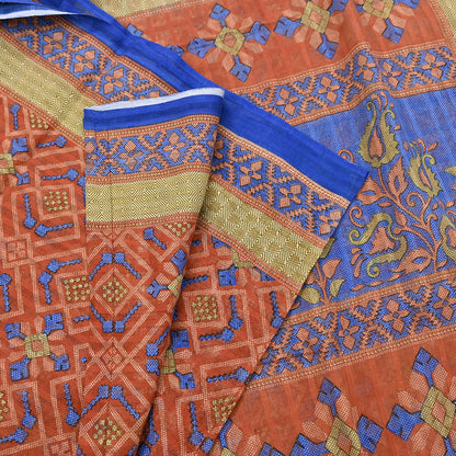 Indian Vintage Sari Orange Pure Cotton Printed Sarees Craft Fabric Soft 5Yd Sarong Wrap Boho Fabric Kimono Quilting Crafting Upcycle