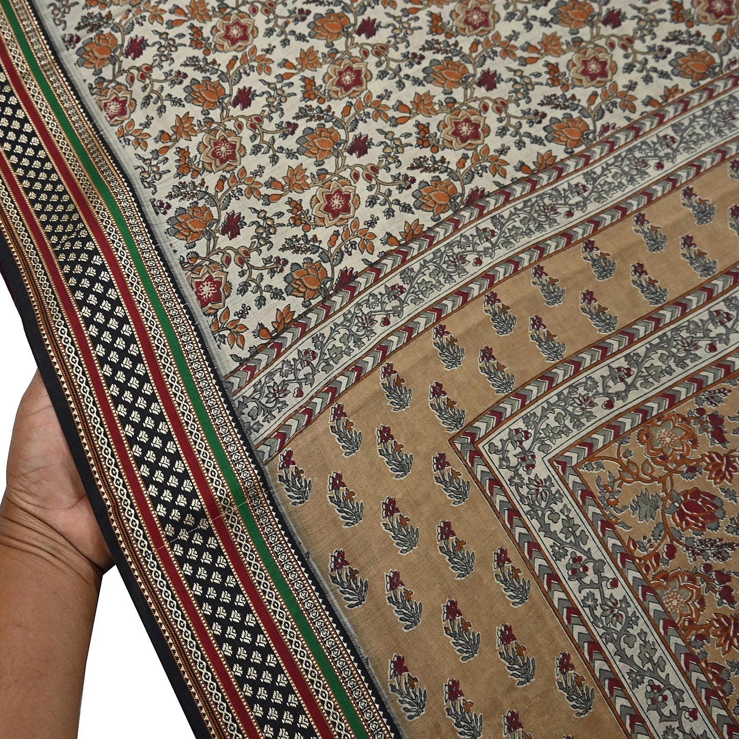 Indian Vintage Gray & Brown Saree Blend Cotton Printed Indian Sari Craft Soft Fabric 5Yard Sewing Sarong Wrap Floral Floral