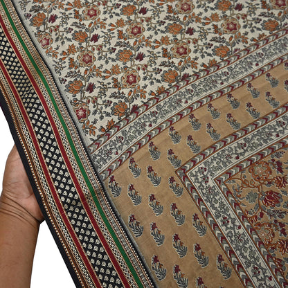 Indian Vintage Gray & Brown Saree Blend Cotton Printed Indian Sari Craft Soft Fabric 5Yard Sewing Sarong Wrap Floral Floral