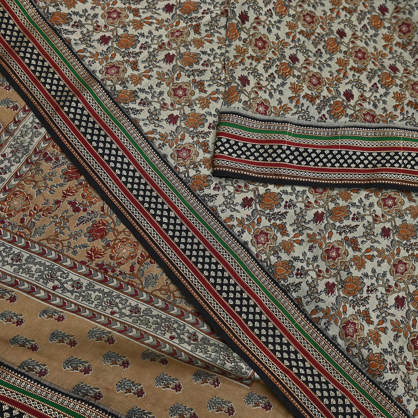 Indian Vintage Gray & Brown Saree Blend Cotton Printed Indian Sari Craft Soft Fabric 5Yard Sewing Sarong Wrap Floral Floral