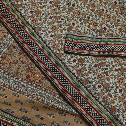 Indian Vintage Gray & Brown Saree Blend Cotton Printed Indian Sari Craft Soft Fabric 5Yard Sewing Sarong Wrap Floral Floral