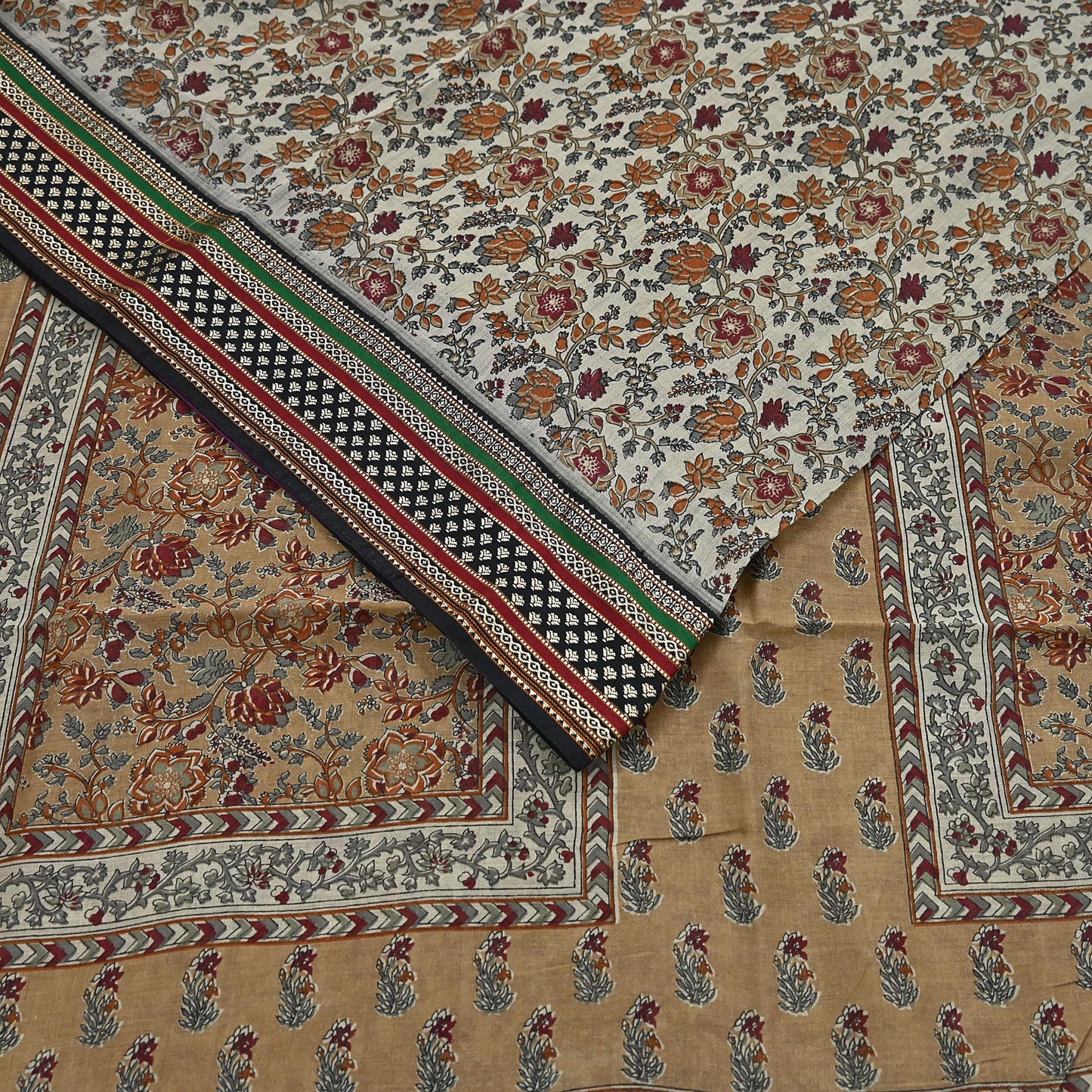 Indian Vintage Gray & Brown Saree Blend Cotton Printed Indian Sari Craft Soft Fabric 5Yard Sewing Sarong Wrap Floral Floral