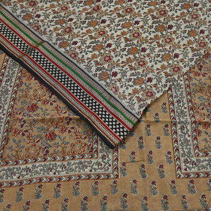 Indian Vintage Gray & Brown Saree Blend Cotton Printed Indian Sari Craft Soft Fabric 5Yard Sewing Sarong Wrap Floral Floral