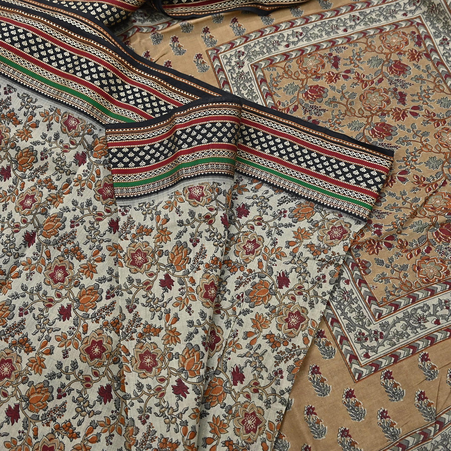 Indian Vintage Gray & Brown Saree Blend Cotton Printed Indian Sari Craft Soft Fabric 5Yard Sewing Sarong Wrap Floral Floral