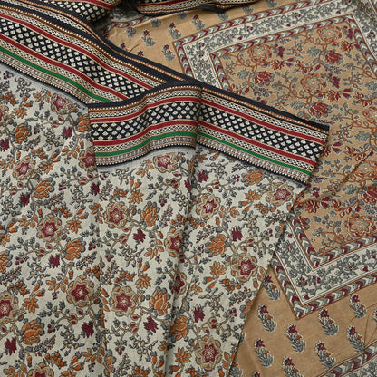 Indian Vintage Gray & Brown Saree Blend Cotton Printed Indian Sari Craft Soft Fabric 5Yard Sewing Sarong Wrap Floral Floral