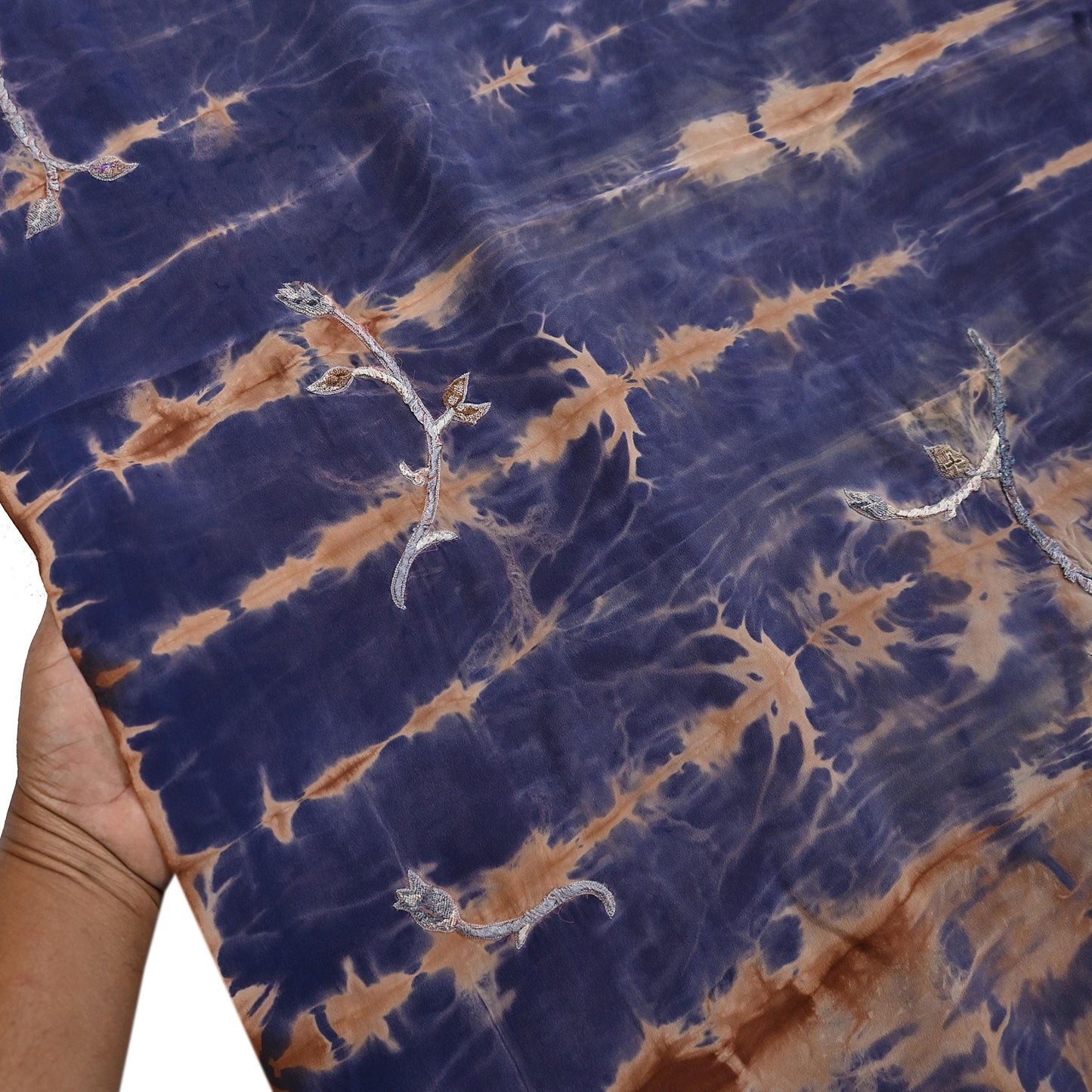 Indian Vintage Saree Brown & Purple Pure Crepe Silk Tie-Dye Embroidered Sari Fabric 6yard Sewing Floral Soft Zari