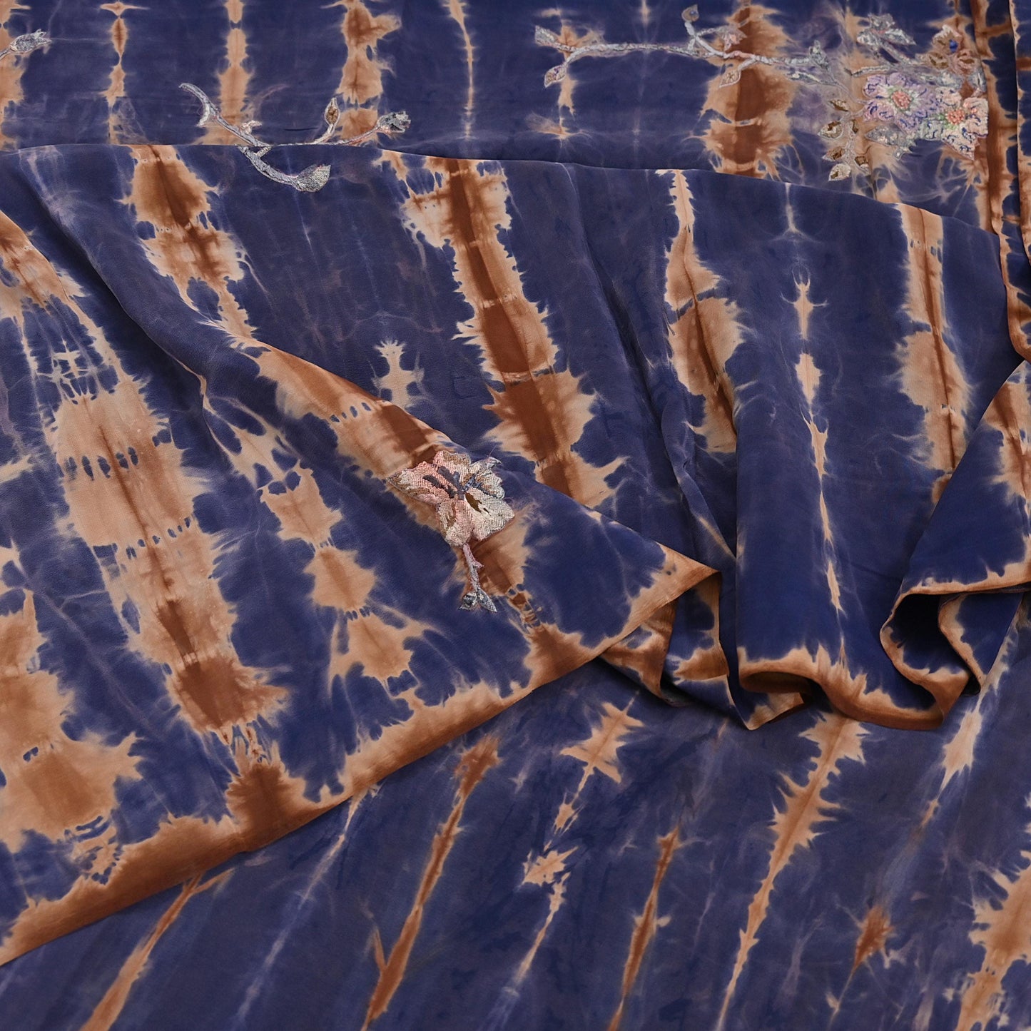 Indian Vintage Saree Brown & Purple Pure Crepe Silk Tie-Dye Embroidered Sari Fabric 6yard Sewing Floral Soft Zari