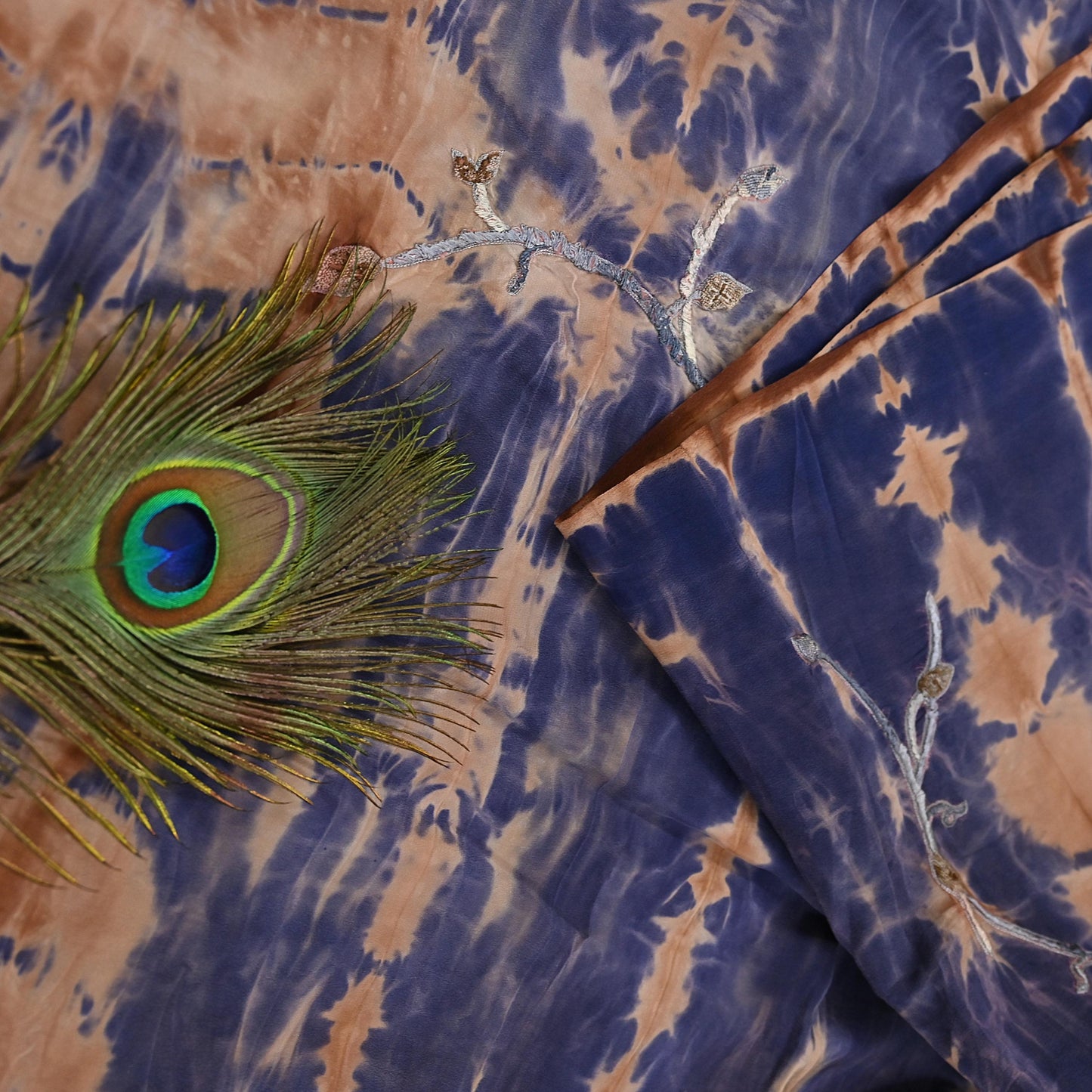 Indian Vintage Saree Brown & Purple Pure Crepe Silk Tie-Dye Embroidered Sari Fabric 6yard Sewing Floral Soft Zari