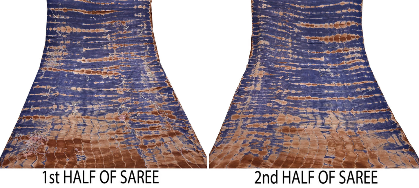 Indian Vintage Saree Brown & Purple Pure Crepe Silk Tie-Dye Embroidered Sari Fabric 6yard Sewing Floral Soft Zari