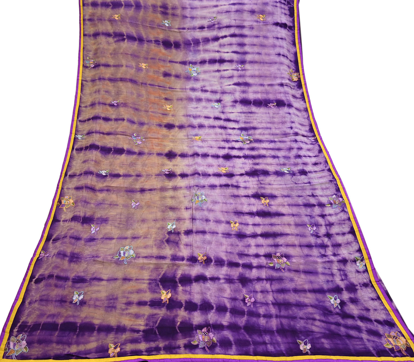 Indian Vintage Saree Brown & Purple Pure Crepe Silk Tie-Dye Embroidered Sari Fabric 6yard Sewing Floral Soft Zari