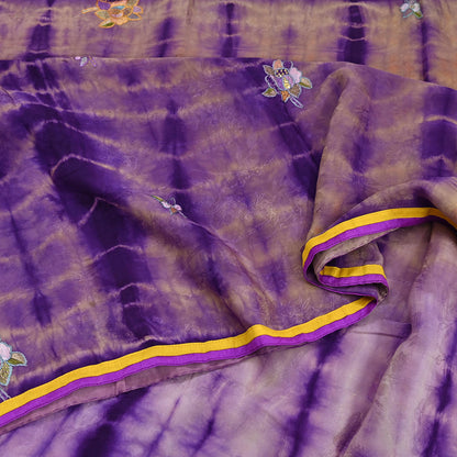 Indian Vintage Saree Brown & Purple Pure Crepe Silk Tie-Dye Embroidered Sari Fabric 6yard Sewing Floral Soft Zari