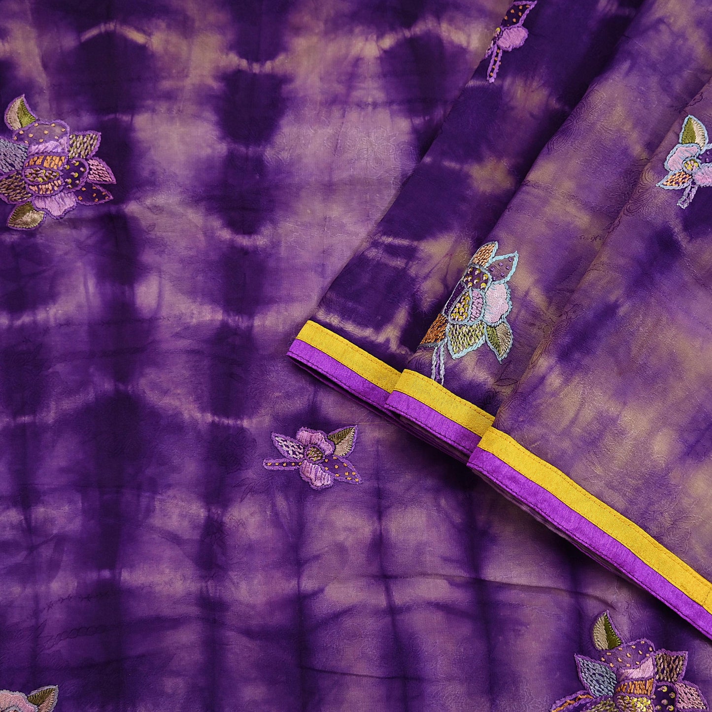 Indian Vintage Saree Brown & Purple Pure Crepe Silk Tie-Dye Embroidered Sari Fabric 6yard Sewing Floral Soft Zari