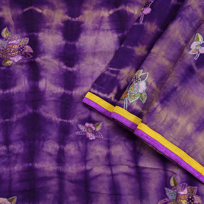 Indian Vintage Saree Brown & Purple Pure Crepe Silk Tie-Dye Embroidered Sari Fabric 6yard Sewing Floral Soft Zari