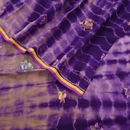 Indian Vintage Saree Brown & Purple Pure Crepe Silk Tie-Dye Embroidered Sari Fabric 6yard Sewing Floral Soft Zari