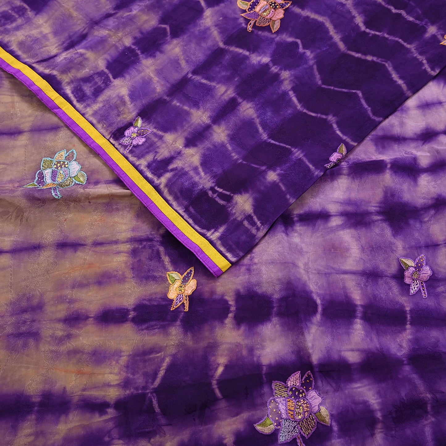 Indian Vintage Saree Brown & Purple Pure Crepe Silk Tie-Dye Embroidered Sari Fabric 6yard Sewing Floral Soft Zari