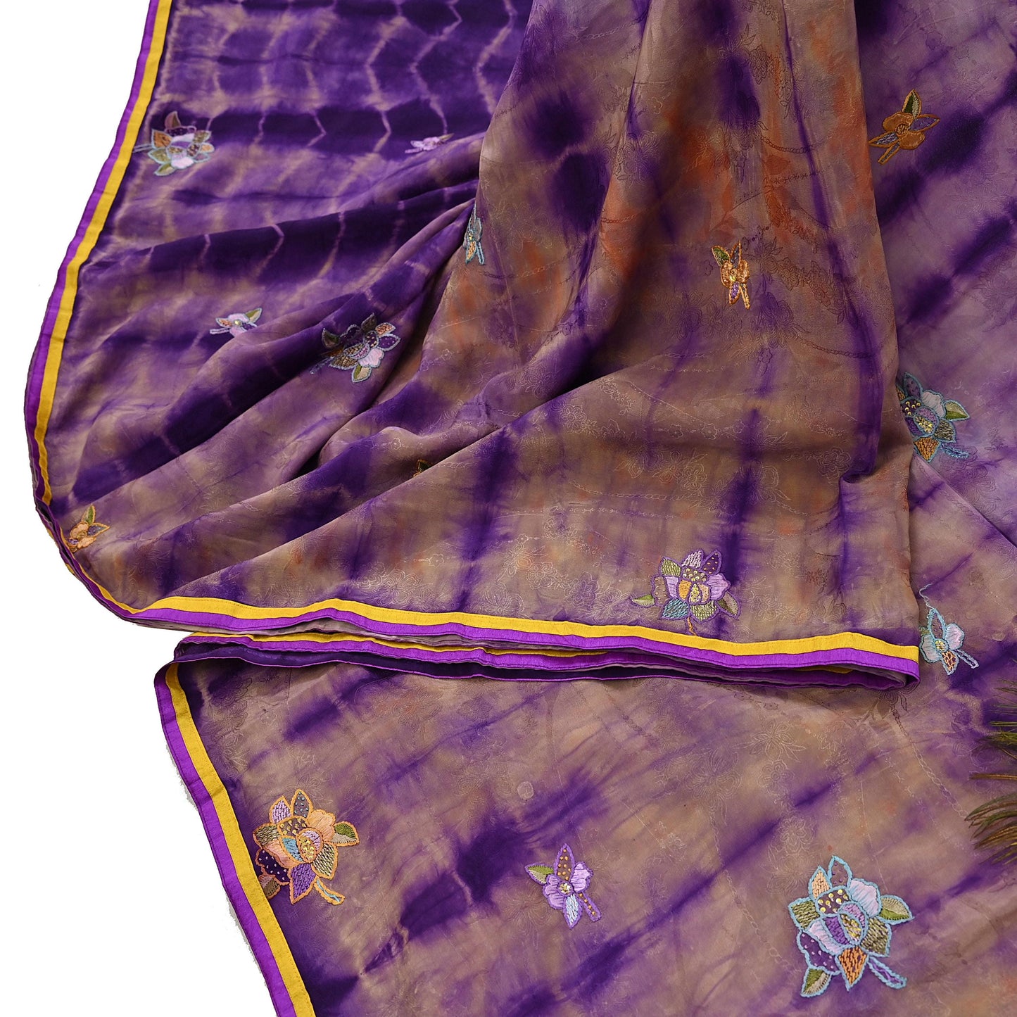 Indian Vintage Saree Brown & Purple Pure Crepe Silk Tie-Dye Embroidered Sari Fabric 6yard Sewing Floral Soft Zari