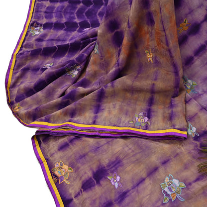 Indian Vintage Saree Brown & Purple Pure Crepe Silk Tie-Dye Embroidered Sari Fabric 6yard Sewing Floral Soft Zari
