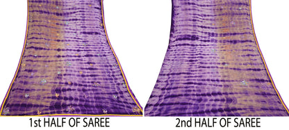 Indian Vintage Saree Brown & Purple Pure Crepe Silk Tie-Dye Embroidered Sari Fabric 6yard Sewing Floral Soft Zari