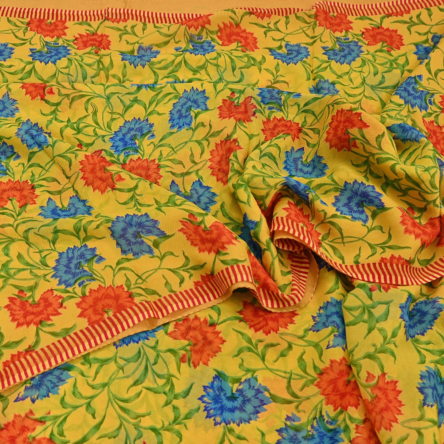Indian Vintage Sari Yellow Pure Chiffon Silk Printed Saree 5Yd Craft Fabric Sewing Soft Light Sari Dress Making Quilting For Crating