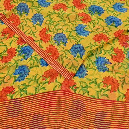 Indian Vintage Sari Yellow Pure Chiffon Silk Printed Saree 5Yd Craft Fabric Sewing Soft Light Sari Dress Making Quilting For Crating