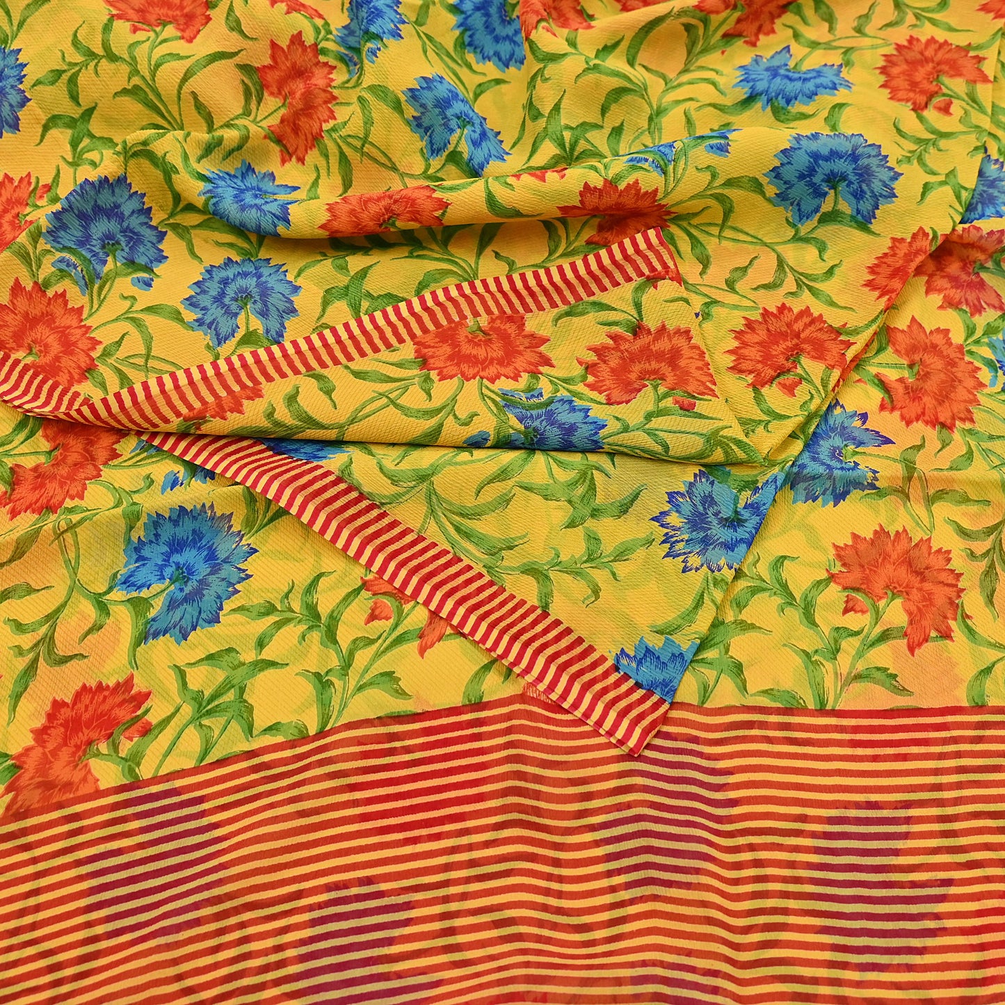 Indian Vintage Sari Yellow Pure Chiffon Silk Printed Saree 5Yd Craft Fabric Sewing Soft Light Sari Dress Making Quilting For Crating