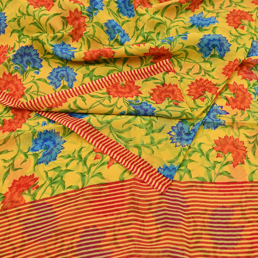 Indian Vintage Sari Yellow Pure Chiffon Silk Printed Saree 5Yd Craft Fabric Sewing Soft Light Sari Dress Making Quilting For Crating