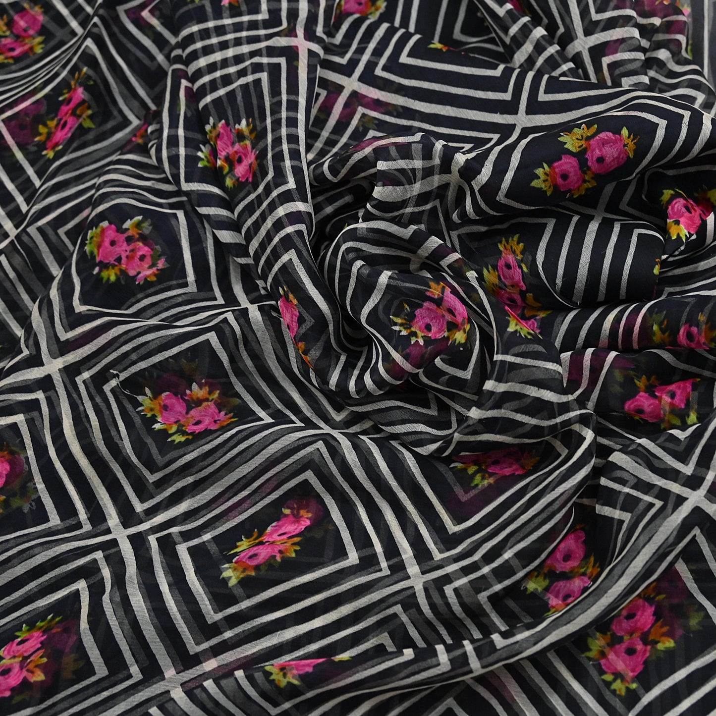 Vintage Saree Black Pure Chiffon Silk Printed Sari Craft Fabric Sewing 5Yard Soft