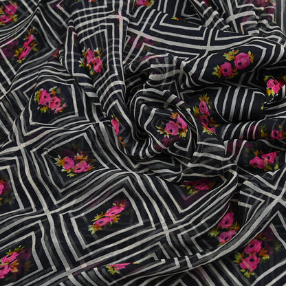 Vintage Saree Black Pure Chiffon Silk Printed Sari Craft Fabric Sewing 5Yard Soft