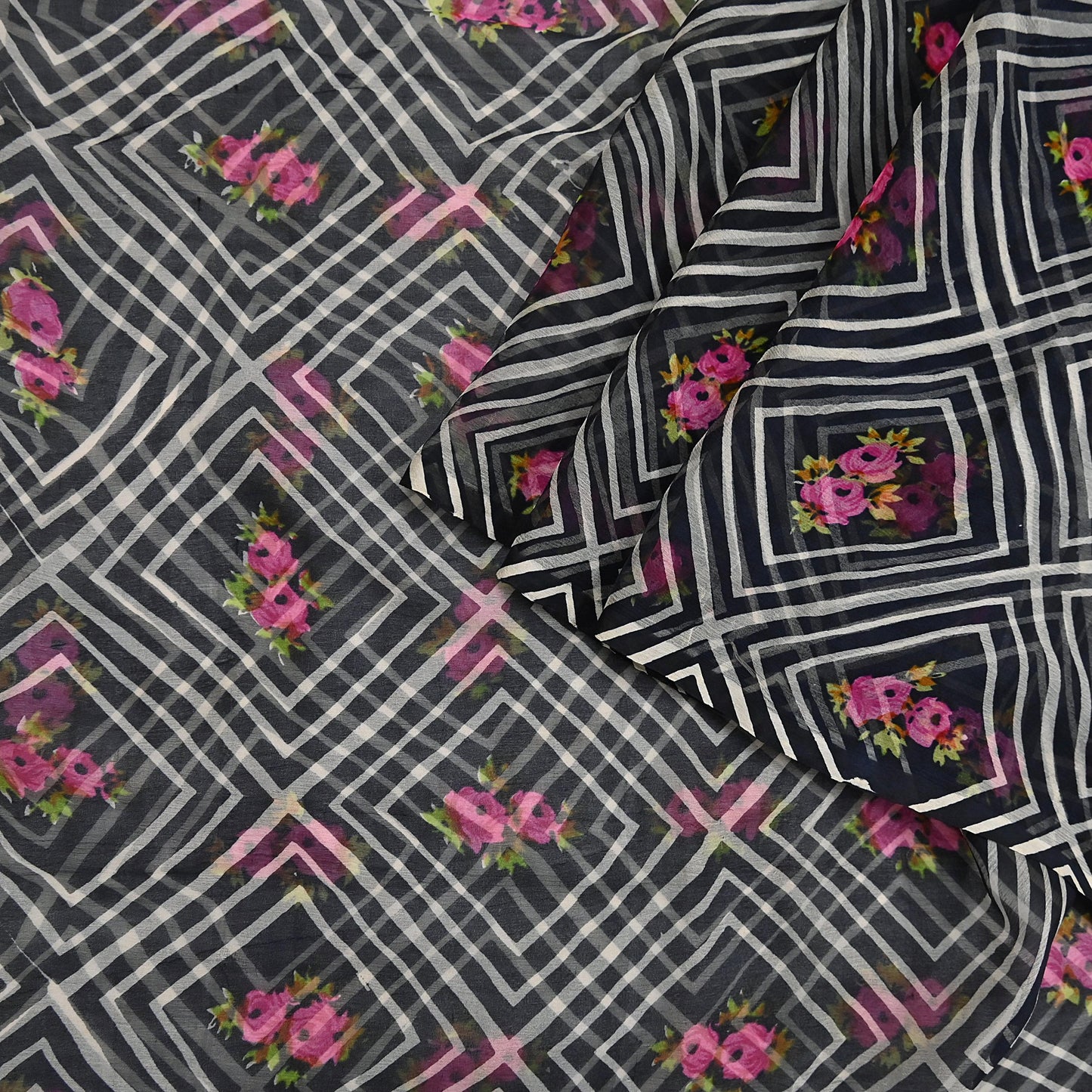 Vintage Saree Black Pure Chiffon Silk Printed Sari Craft Fabric Sewing 5Yard Soft