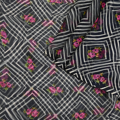 Vintage Saree Black Pure Chiffon Silk Printed Sari Craft Fabric Sewing 5Yard Soft