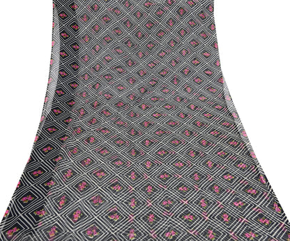 Vintage Saree Black Pure Chiffon Silk Printed Sari Craft Fabric Sewing 5Yard Soft