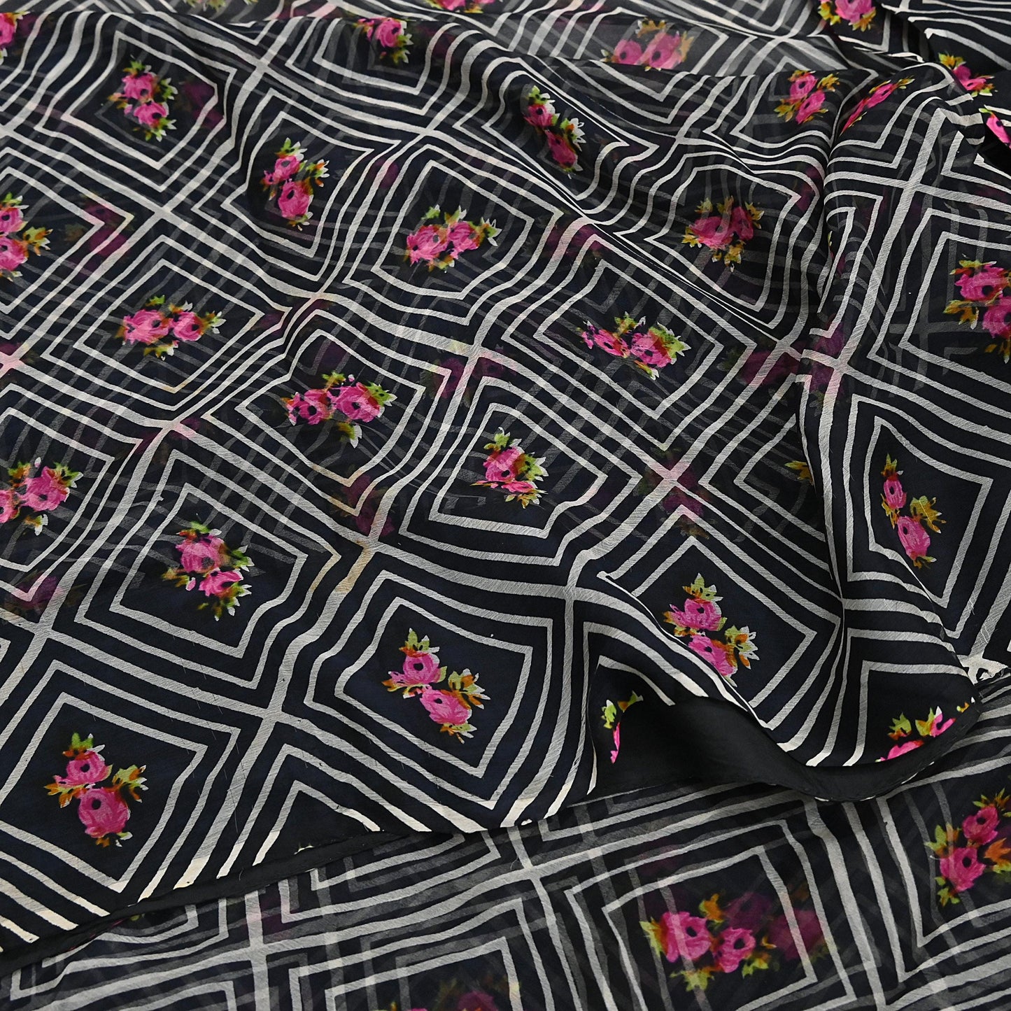 Vintage Saree Black Pure Chiffon Silk Printed Sari Craft Fabric Sewing 5Yard Soft