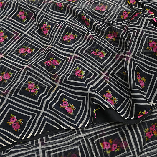 Vintage Saree Black Pure Chiffon Silk Printed Sari Craft Fabric Sewing 5Yard Soft