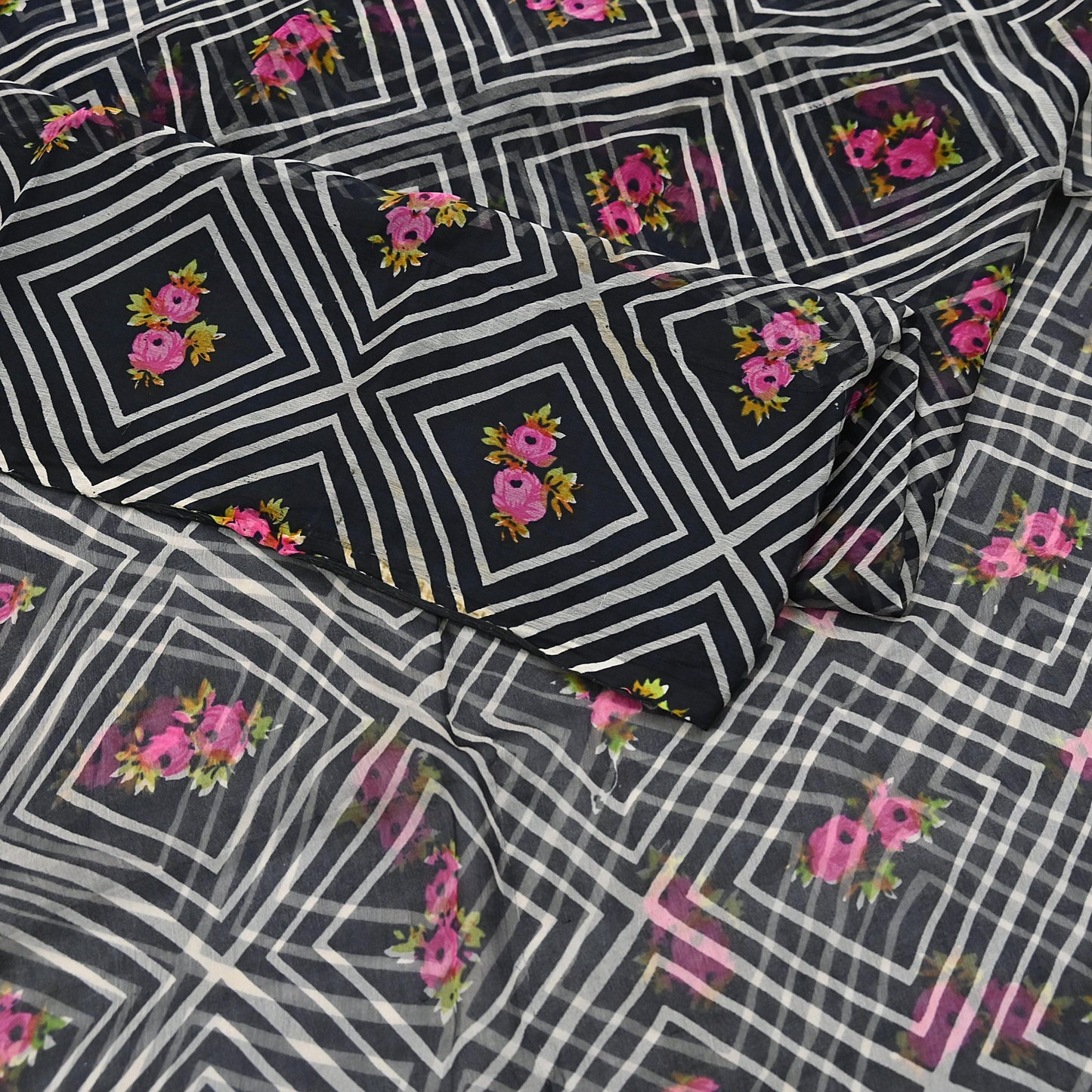 Vintage Saree Black Pure Chiffon Silk Printed Sari Craft Fabric Sewing 5Yard Soft
