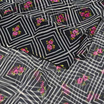 Vintage Saree Black Pure Chiffon Silk Printed Sari Craft Fabric Sewing 5Yard Soft