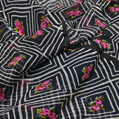 Vintage Saree Black Pure Chiffon Silk Printed Sari Craft Fabric Sewing 5Yard Soft