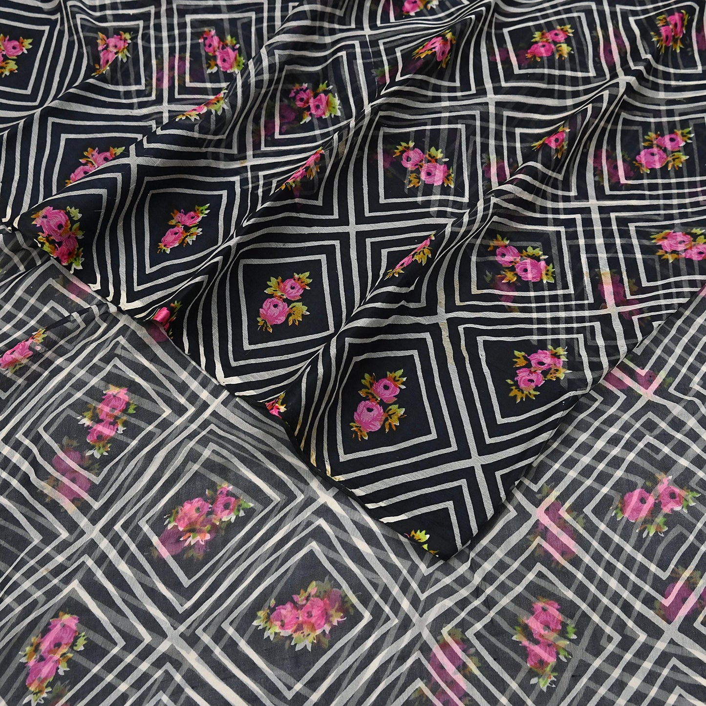 Vintage Saree Black Pure Chiffon Silk Printed Sari Craft Fabric Sewing 5Yard Soft